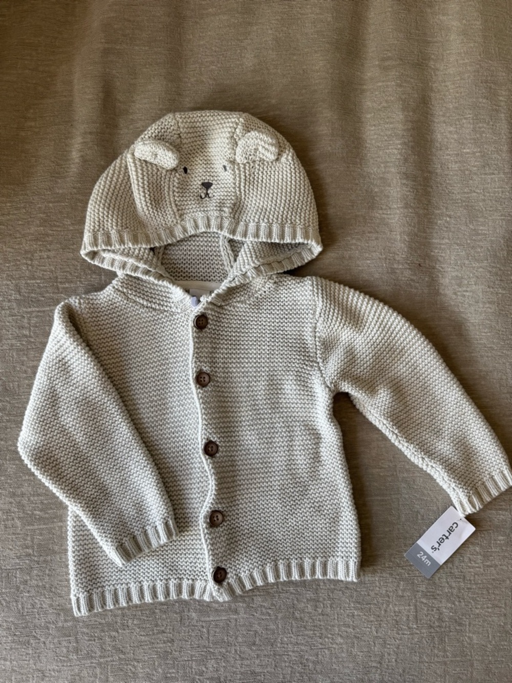 Carter’s Baby Knit Bear Hoodie Cardigan 24M Cream Button Up Sweater Cute Neutral - Picture 2 of 9